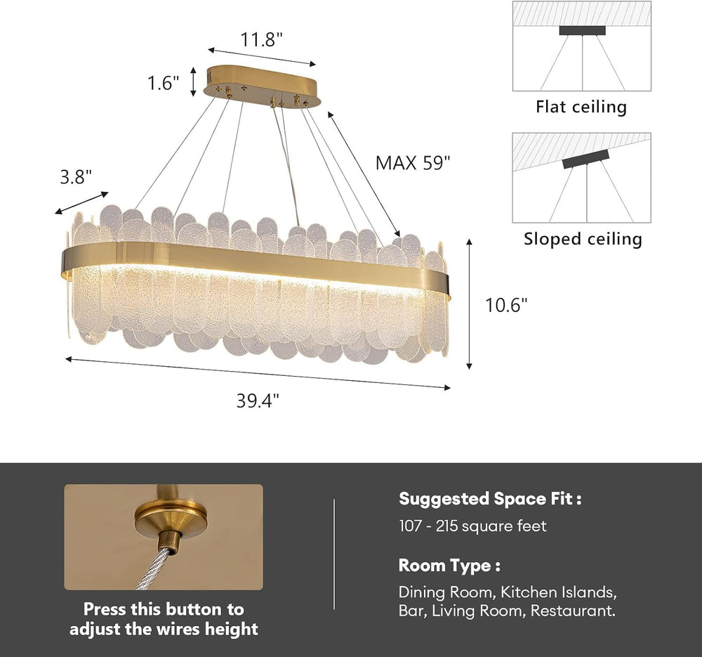 Gold Linear Chandelier, Modern Rectangle Glass Pendant Light Fixture with LED...