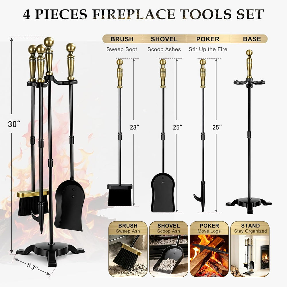 FEED GARDEN 4-Piece Fireplace Tools, Antique Brass Handle, 30" Wrought Iron