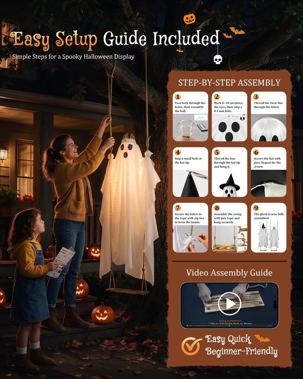 2-Pack Swinging Ghost, 4.5-7.2 FT Adjustable Halloween Decorations Outdoor