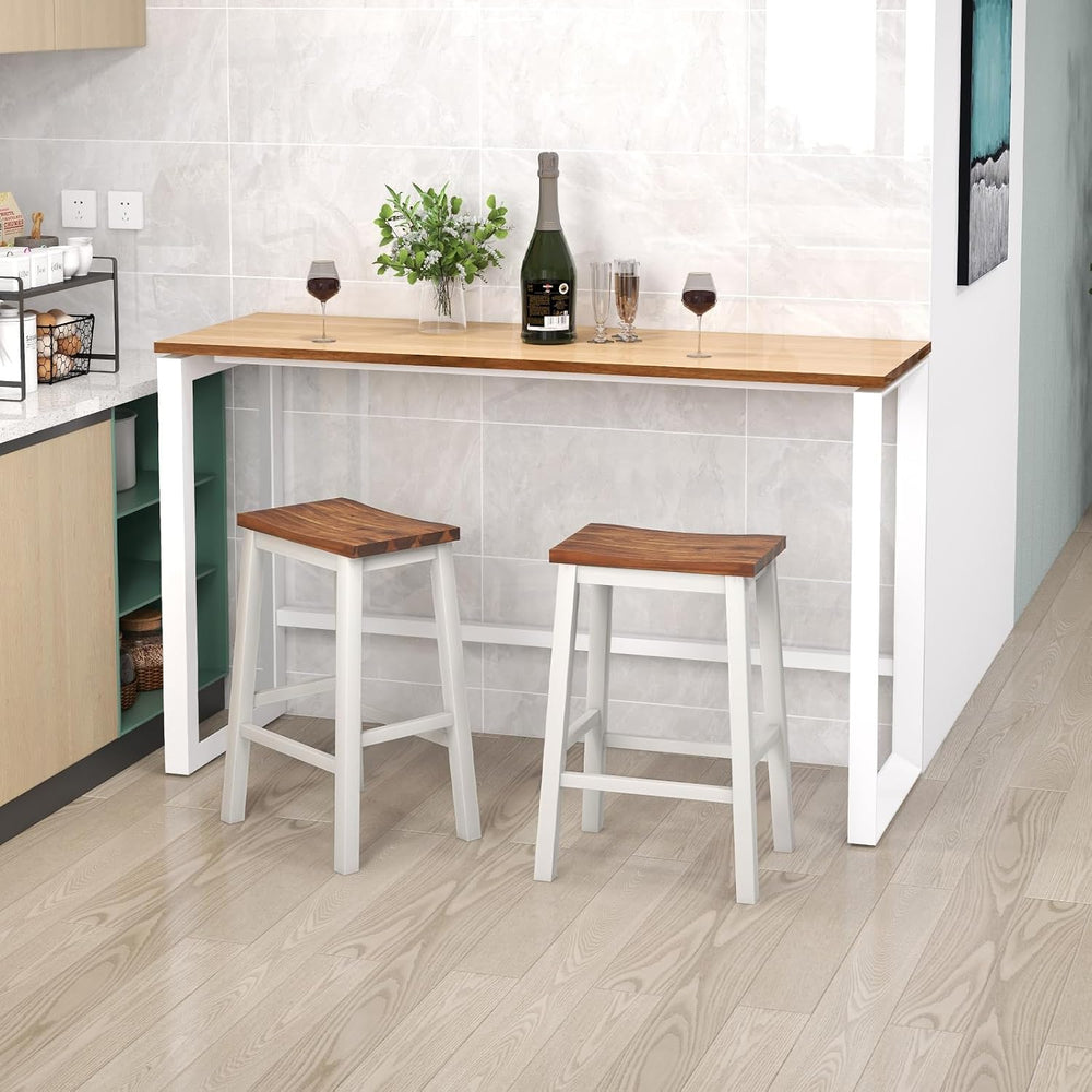 COSTWAY 24.5 Inch Bar Stools Set of 2, Solid Wood Saddle Stools w/Footrests, ...