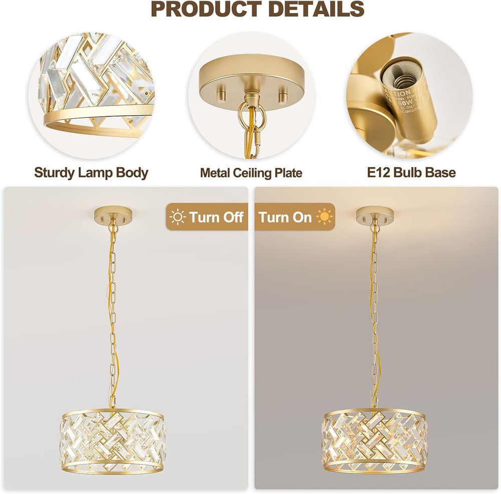12.4" Gold Crystal Chandelier, Morden 3-Light Dining Room Light Fixture