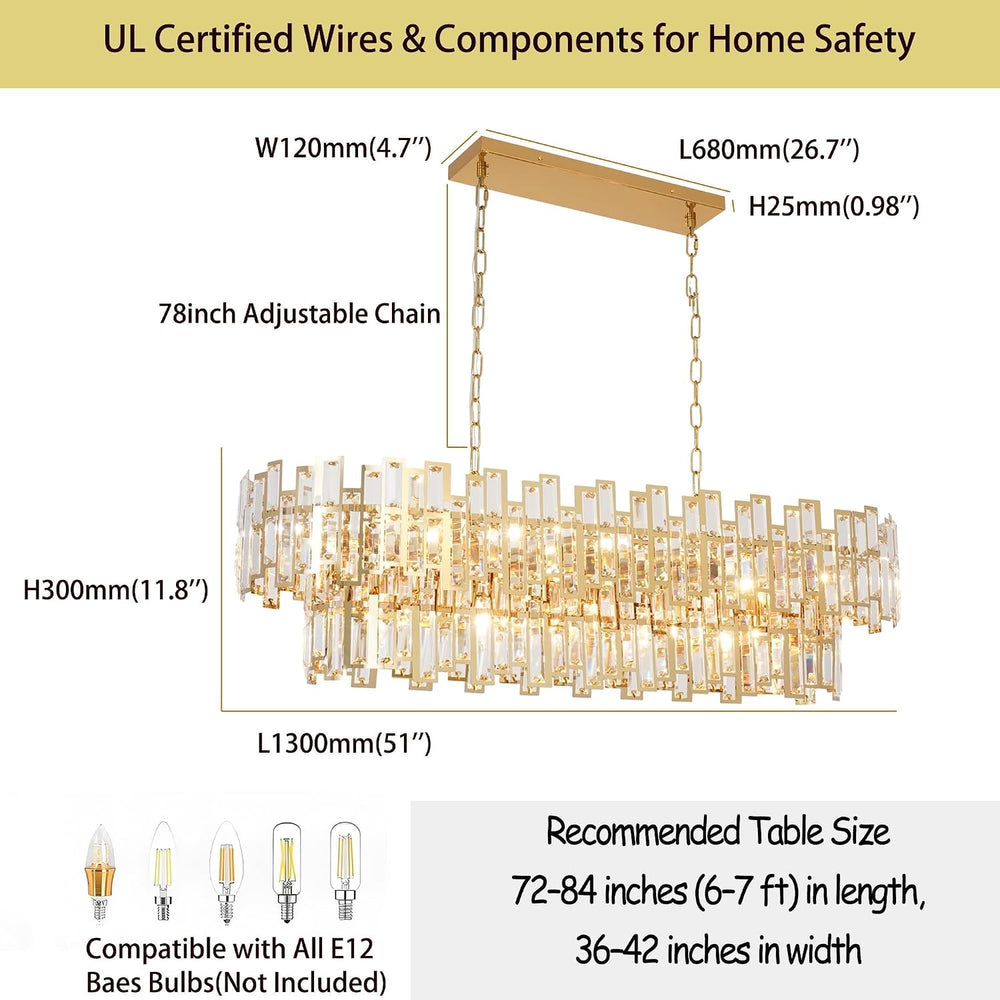 51 Inch Modern Large Crystal Chandelier Light Luxury Gold Rectangular Chandel...