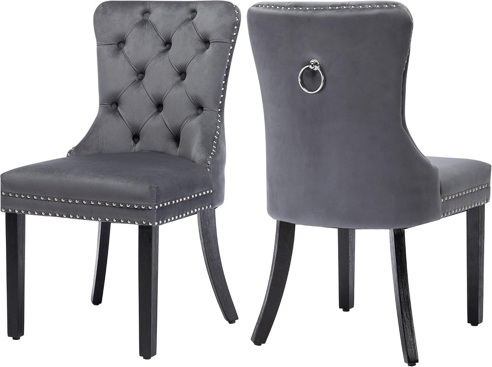 Velvet Dining Room Chairs Set of 2, Button Tufted, Wood Legs, Dark Gray