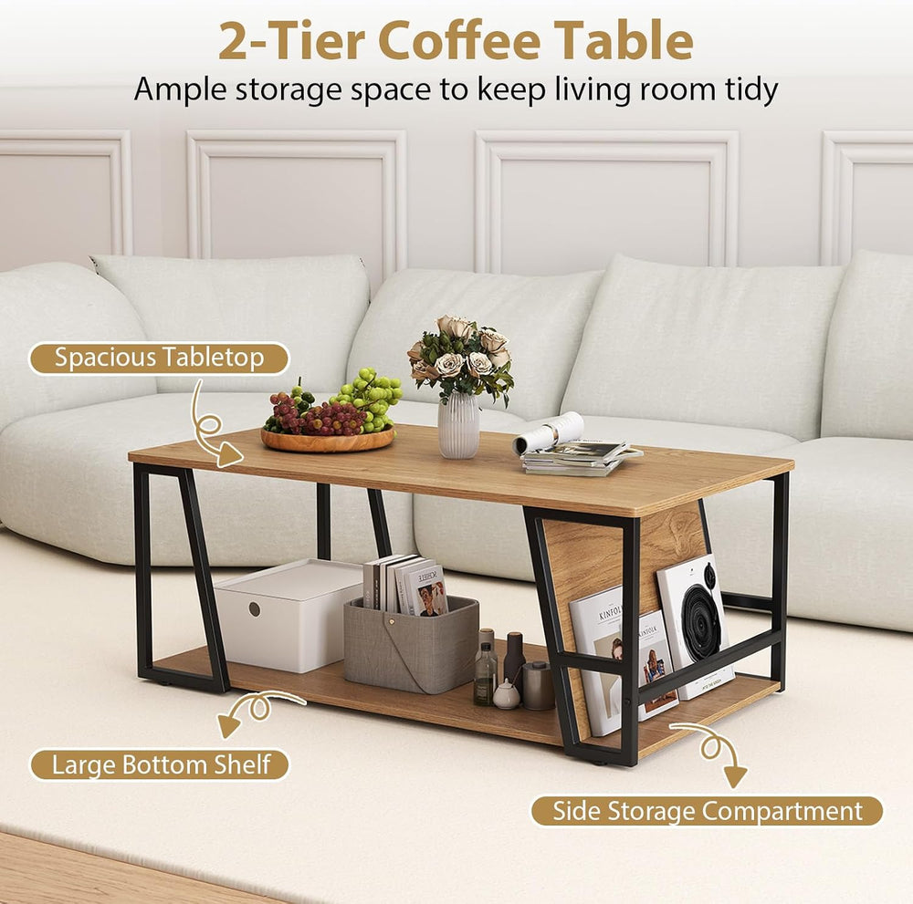 GIANTEX Modern Coffee Table with Storage, 2-Tier Wood Center Table, Oak