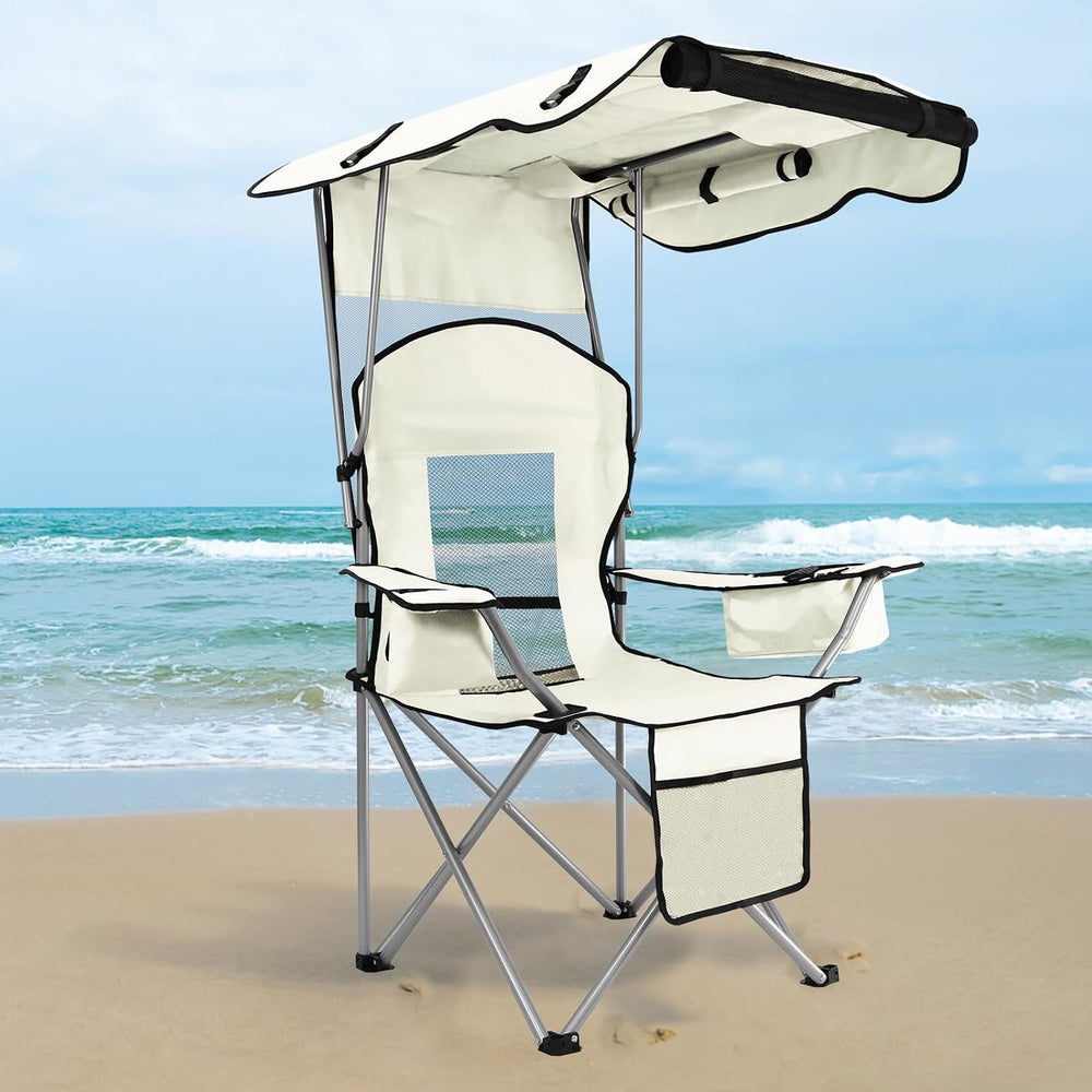 Beach Chair with Canopy Shade, Folding Camping Chair Support to 330LBS, Outdo...