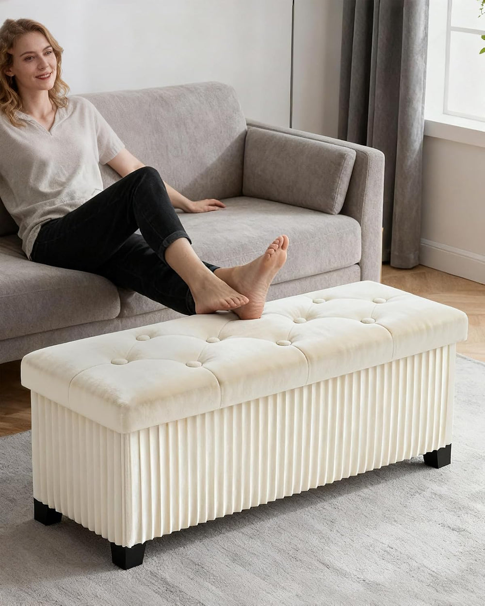 LITZFUR 43 Inches Storage Ottoman Bench, Velvet Foot Rest Stool, Beige