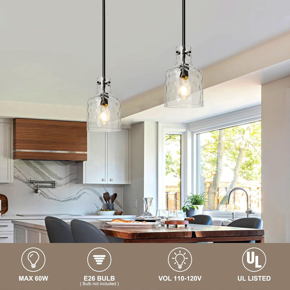 WILON Industrial Glass Pendant Lights for Kitchen Island, Modern Black Panden...