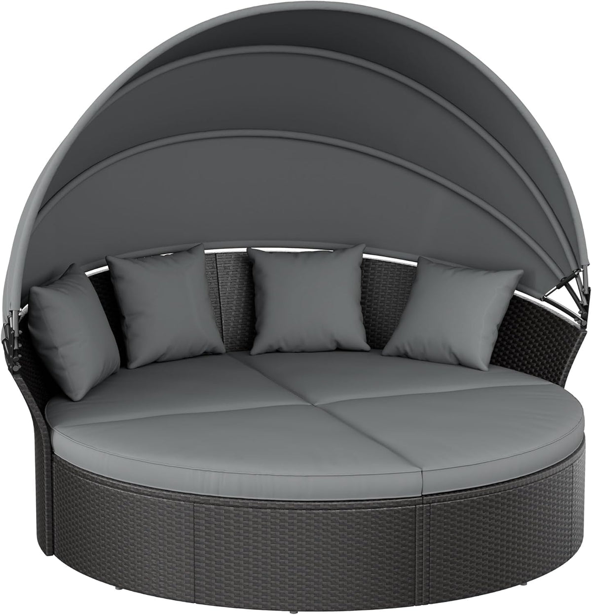 patio round daybed with canopy, outdoor wicker rattan shown in use