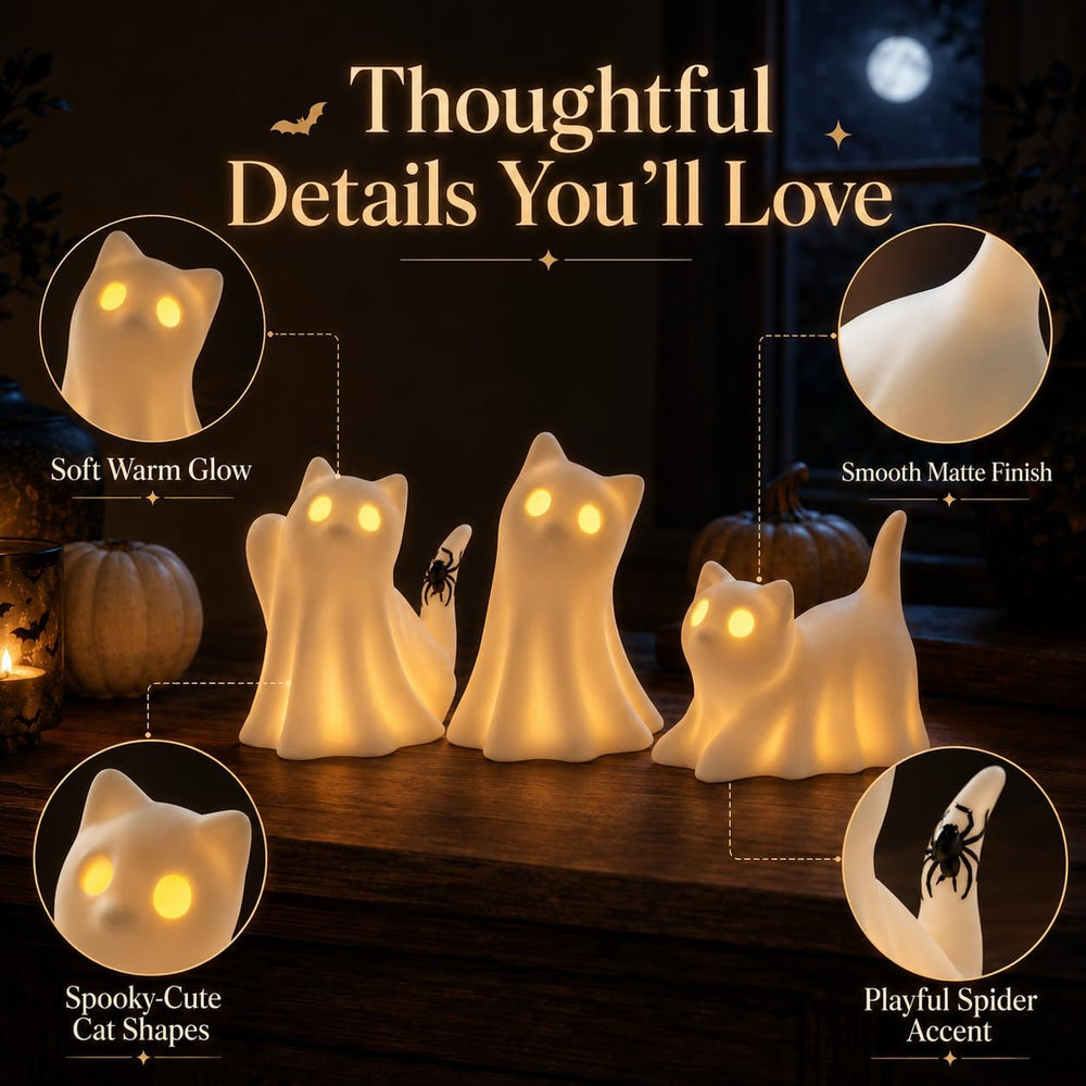 3PCS Ceramic Ghost Cat Light Up Decor Cat Ghost Halloween Decor