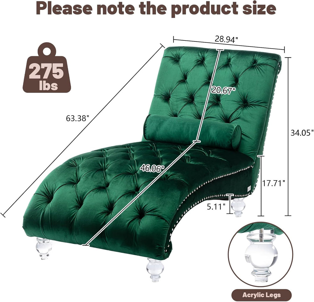 Chaise Lounge Chair Indoor Emerald Velvet Upholstered Button Tufted Chaise Lo...