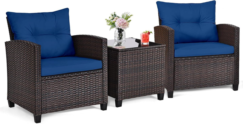 ORALNER 3 Pieces Patio Furniture Set, Outdoor Wicker Bistro Set (Navy)