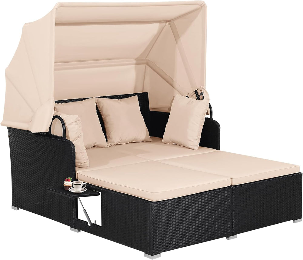 HAPPYGRILL Outdoor Wicker Lounge Daybed, Hand-Woven PE Rattan Daybed, Patio L...