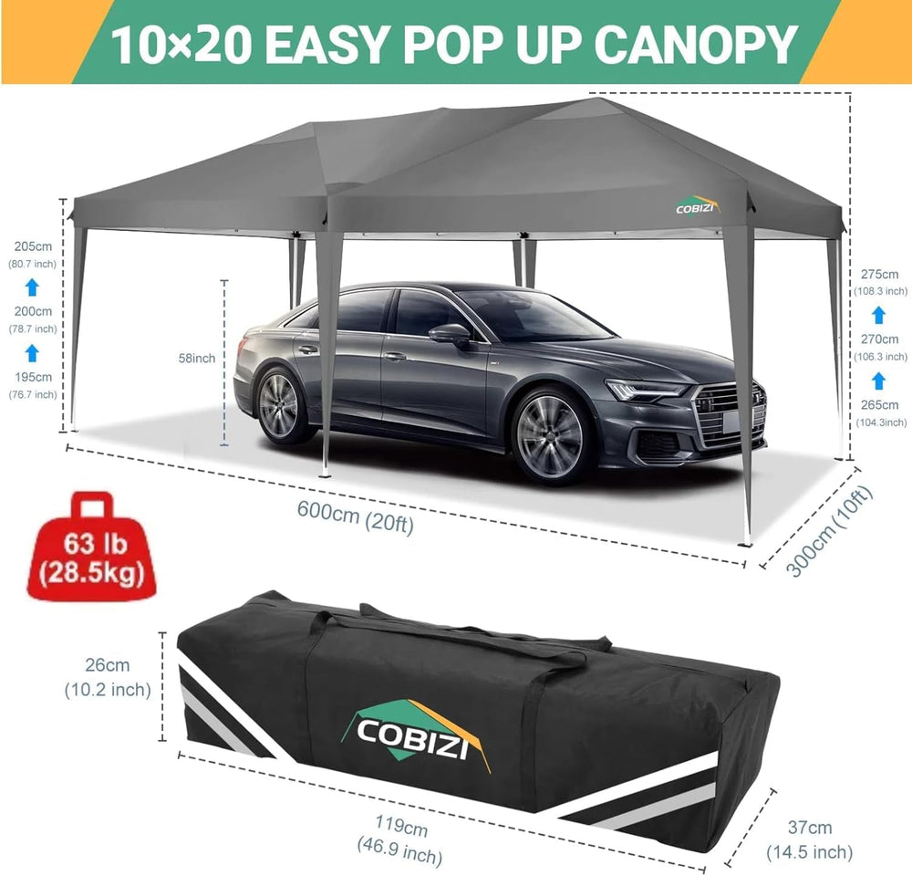COBIZI 10x20 Pop Up Canopy with 6 Sidewalls, One Push Easy Setup, Gray