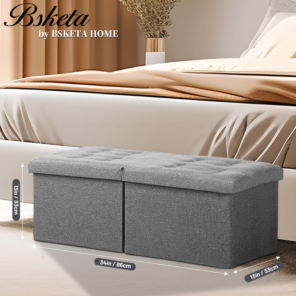 Bsketa Storage Ottoman Bench, 34" Folding Linen Foot Rest Stool, Dark Gray