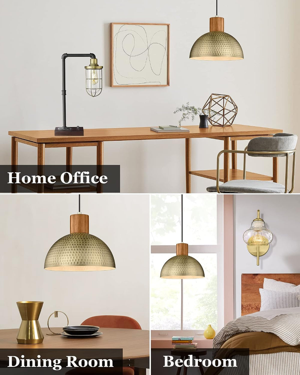ELYONA 2 Pack Hammered Pendant Lights 12” Vintage Metal & Wood Dome Hangi...