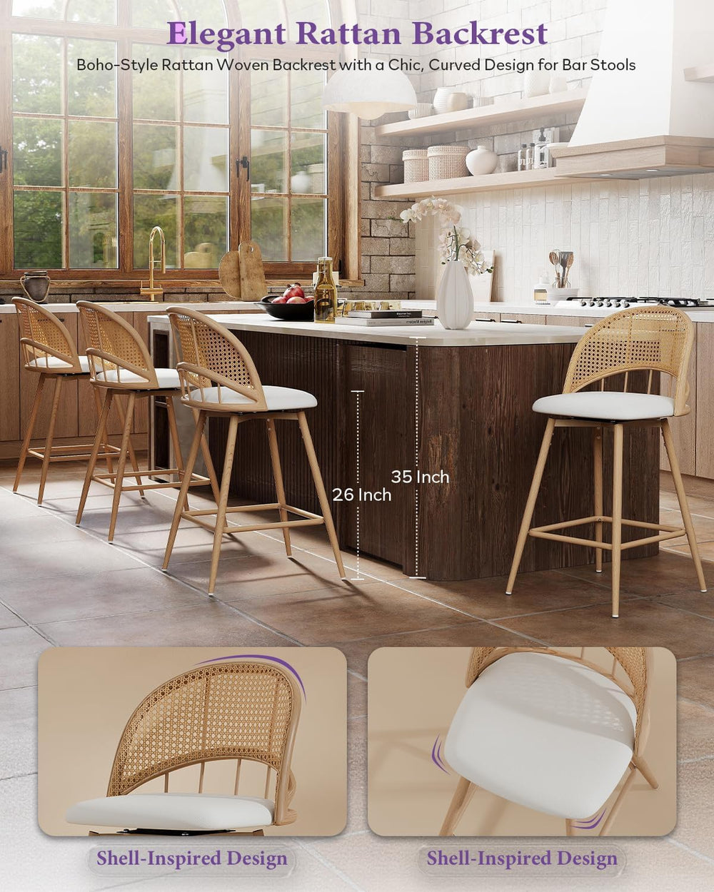 26'' Bar Stools Set of 2, Rattan Counter Height Swivel Stools for Kit...