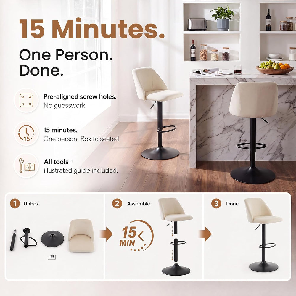 COLAMY Adjustable Upholstered Bar Stools Set of 3,360° Swivel Counter Height ...