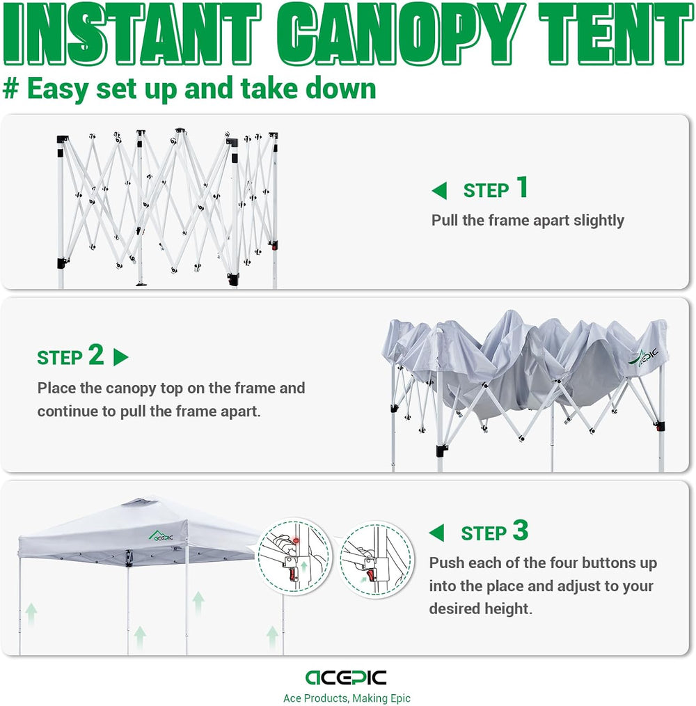 Acepic 8x8 Pop Up Canopy Tent, Vented Top Portable Shelter, White, 8 * 8