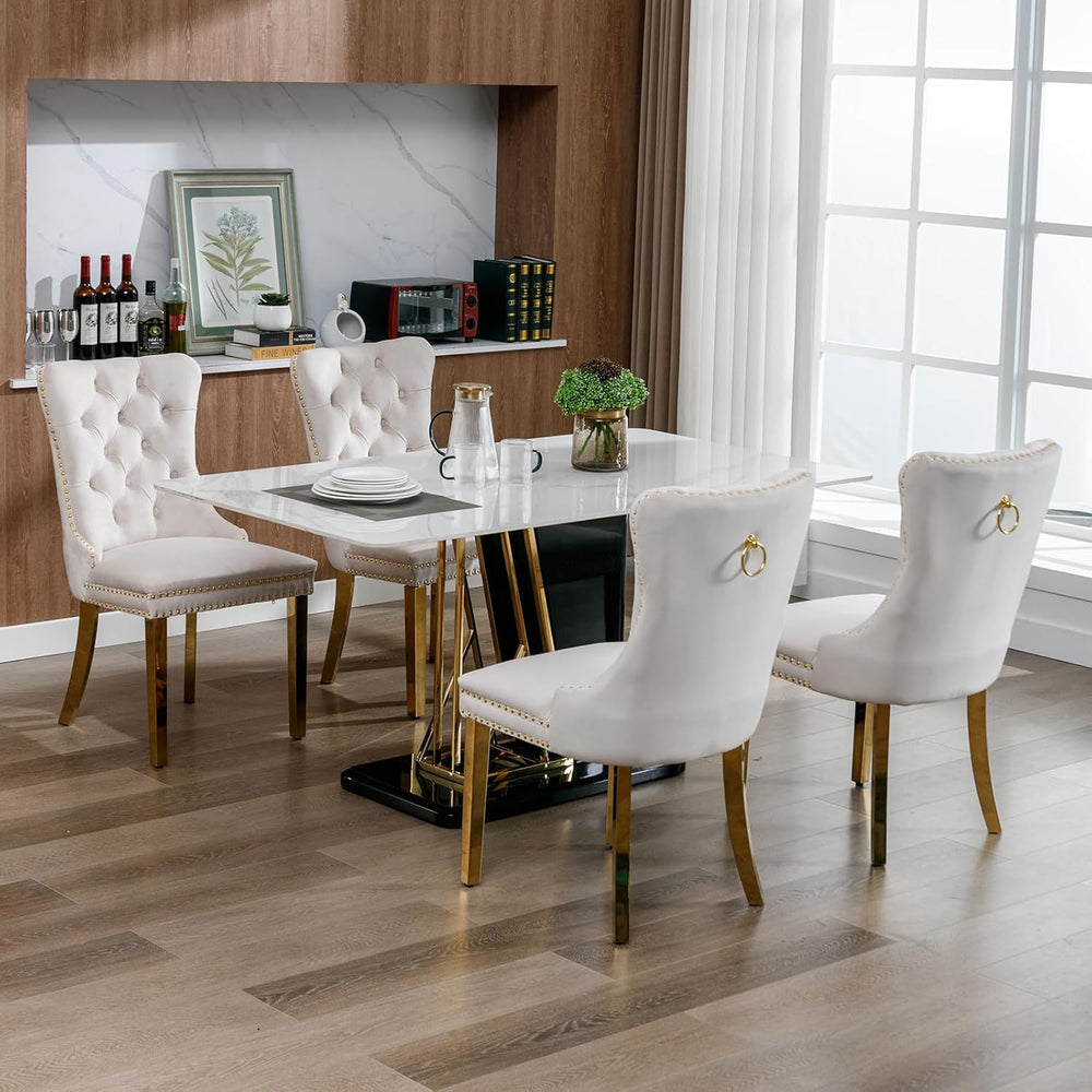 Mid Century Modern Dining Chairs Set of 6, Beige Velvet Upholstered Tufted Ba...