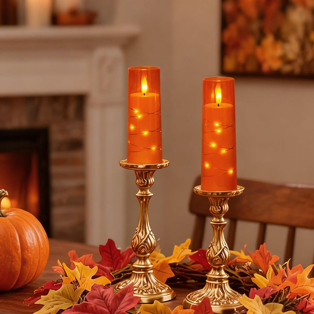 Raycare 9 Pcs Orange Halloween Flameless Pillar Candles with Remote Timer