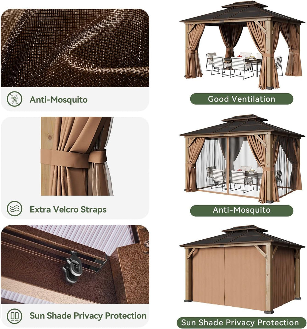Aoxun 10' x 12' Wood Gazebo with Double Polycarbonate Roof, Natural