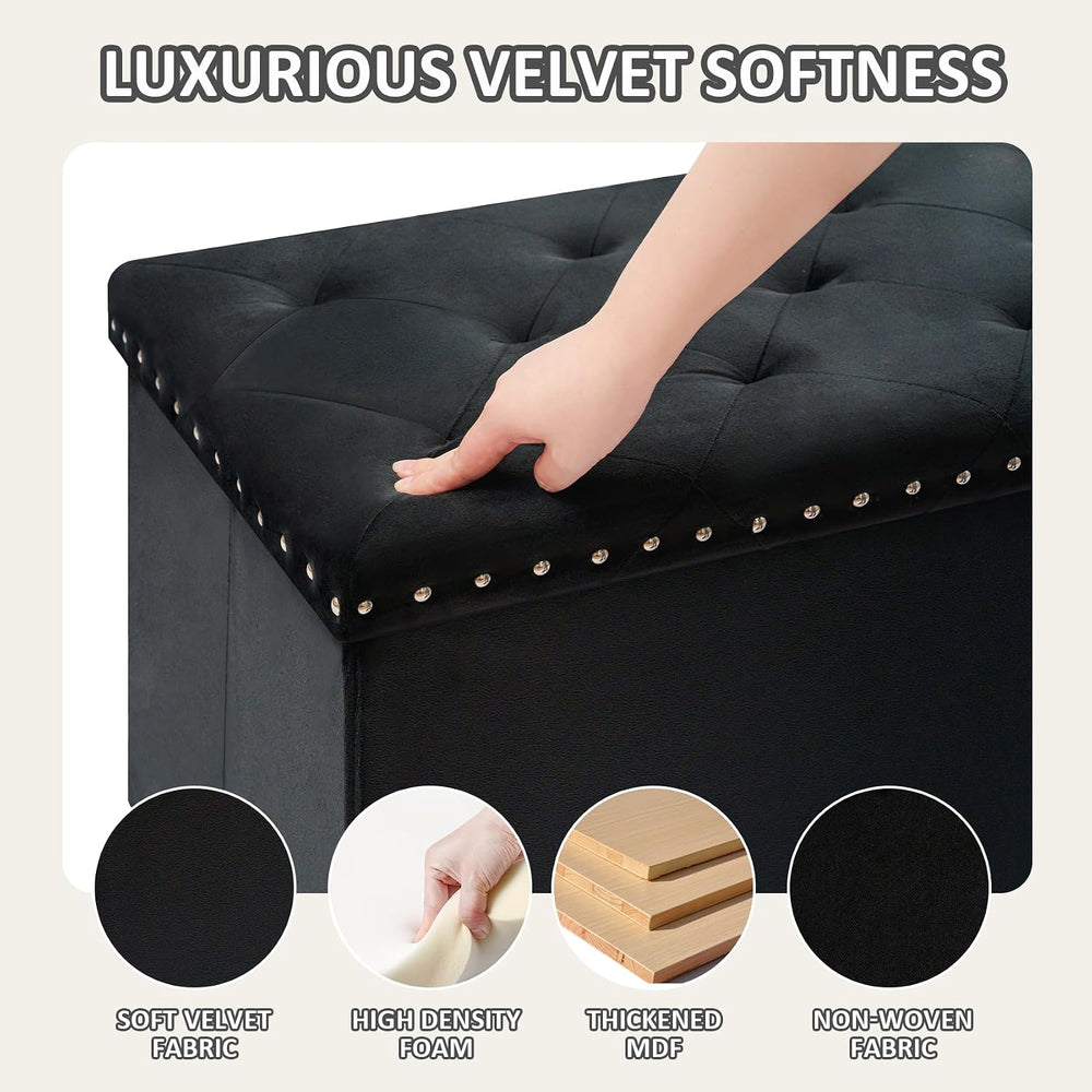 PINPLUS Folding Storage Ottoman Bench, Black Velvet