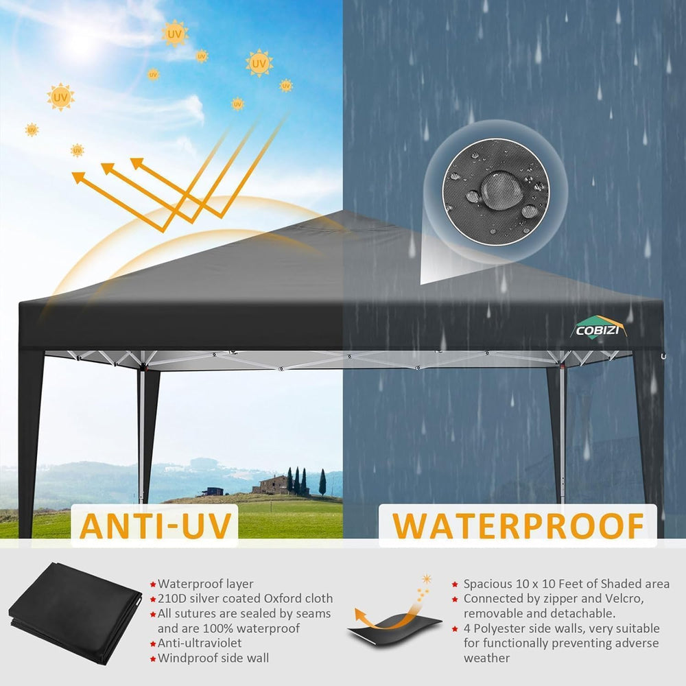 COBIZI 10x10 Pop Up Canopy with 4 Sidewalls, One Push Easy Setup, Black
