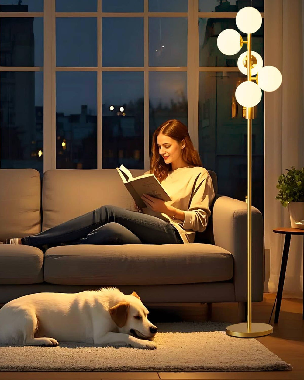 Dimmable Gold Globe Floor Lamp, 64IN Tall Standing Lamps with 5 Globe Warm Wh...