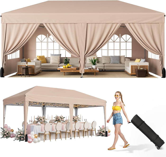 10x20 FT Pop Up Canopy Tent with 6 Sidewalls,Beige