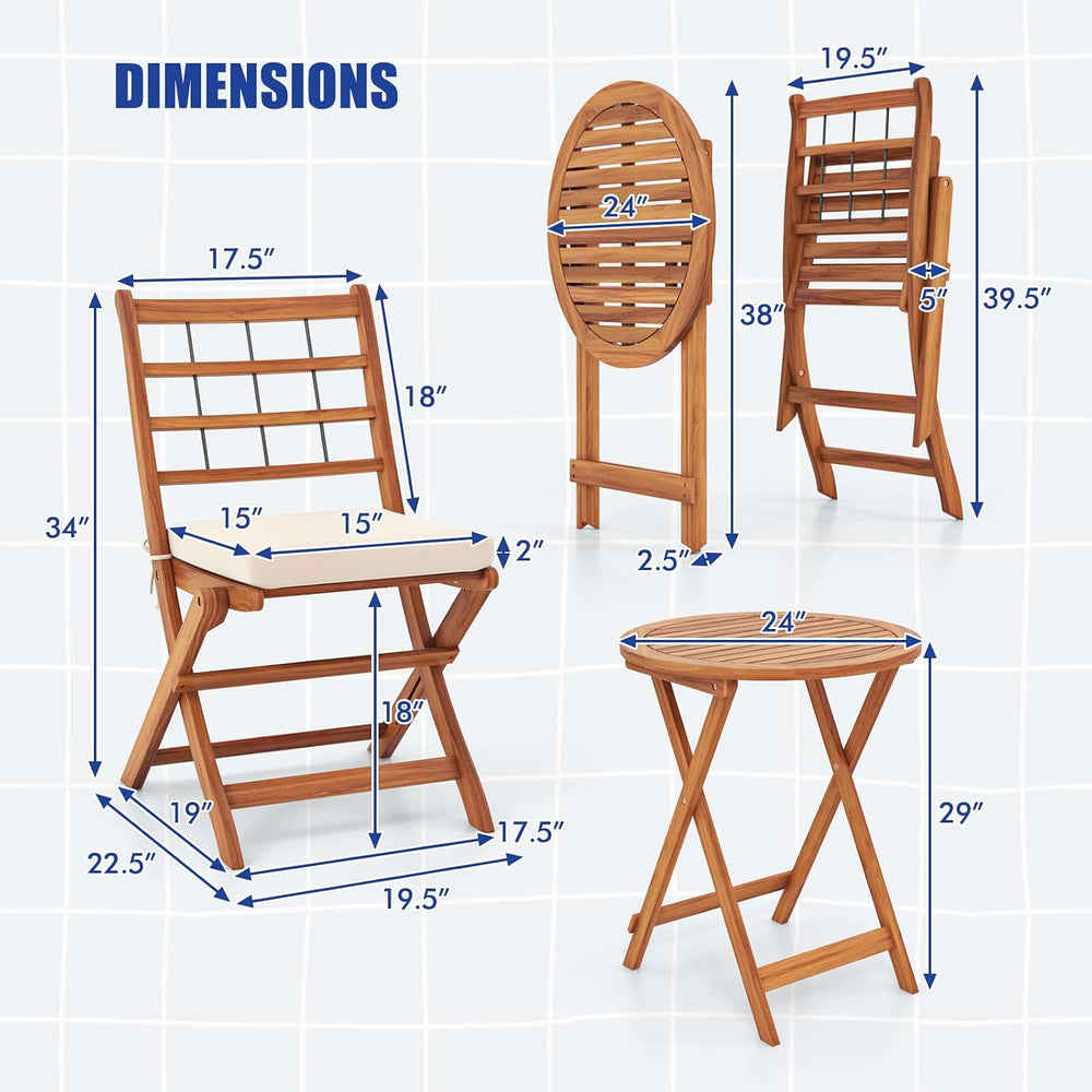 ORALNER 3-Piece Folding Patio Bistro Set, Small Outdoor Acacia Wood Balcony F...