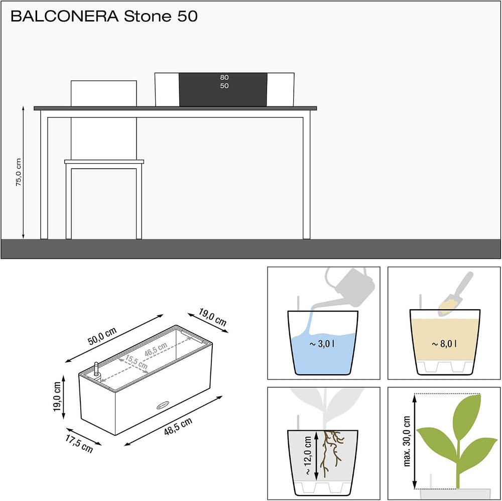 Lechuza BALCONERA Stone 50 Quartz White, Self-Watering Window Box (Railing Pl...
