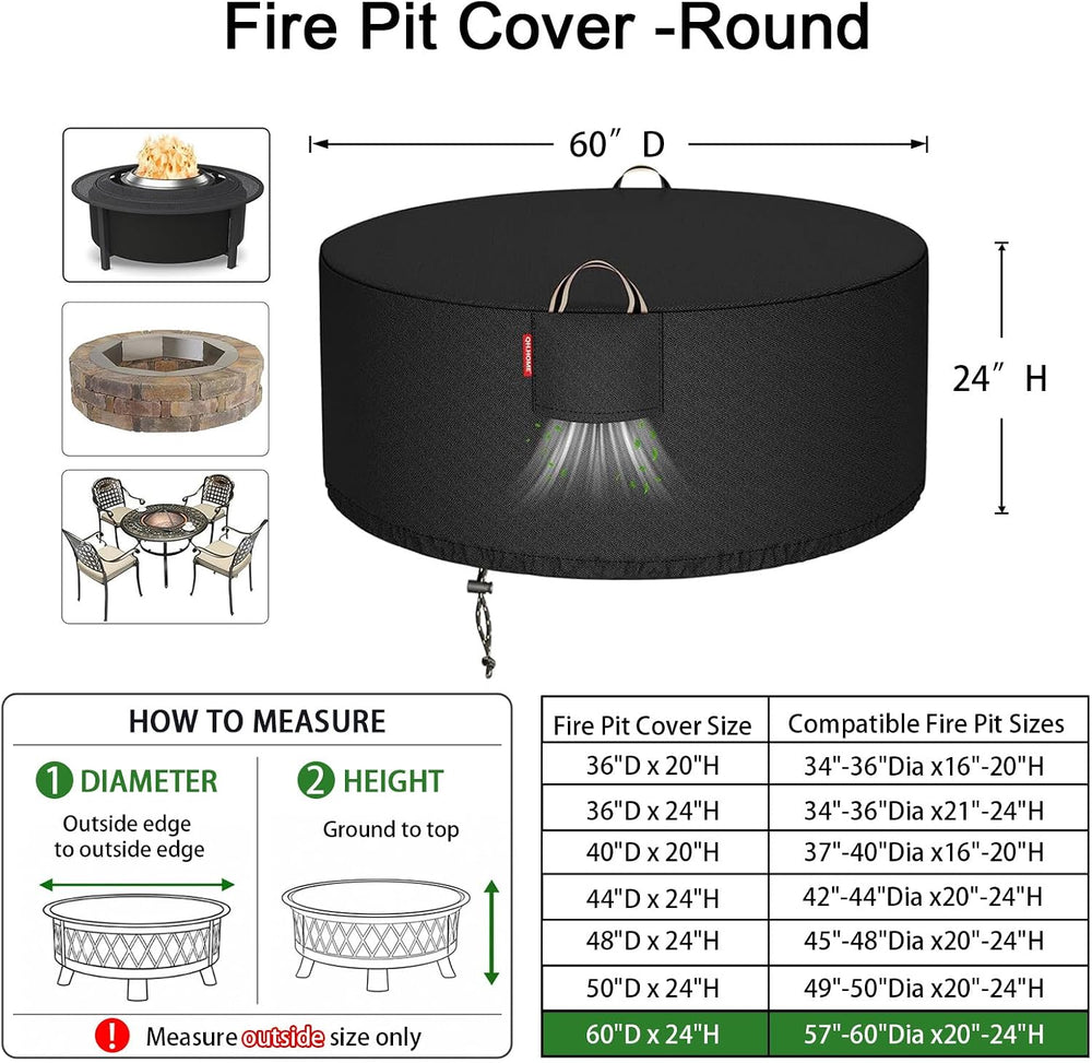 QH.HOME Fire Pit Cover Round 60", 900D Heavy Duty Fabric 100% Waterproof
