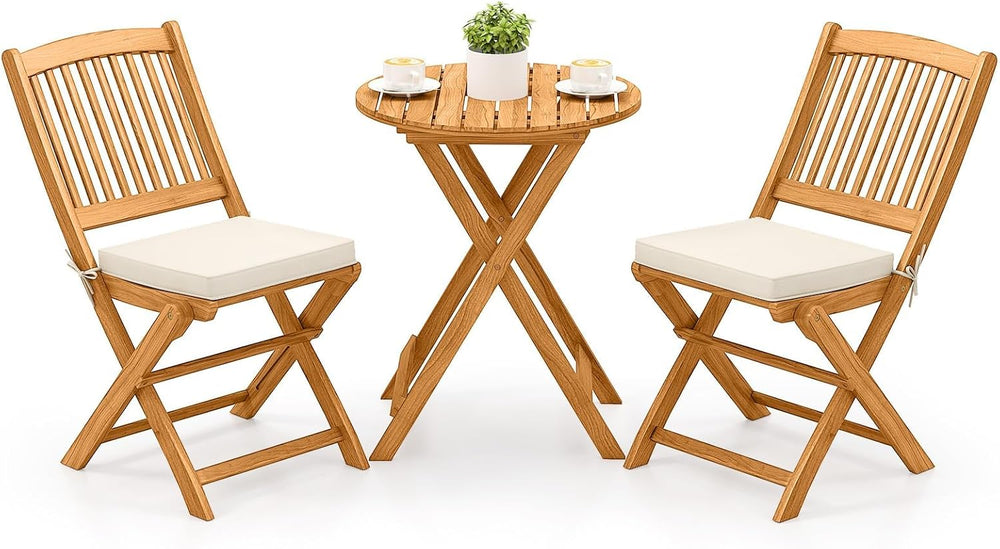 Tangkula 3 Pieces Acacia Wood Patio Folding Bistro Set, Outdoor Table and Cha...