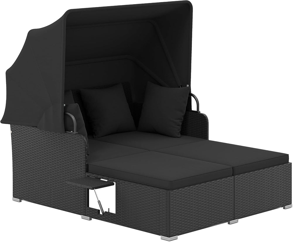 Tangkula Patio Rattan Daybed with Retractable Canopy, Outdoor Wicker Sunbed L...