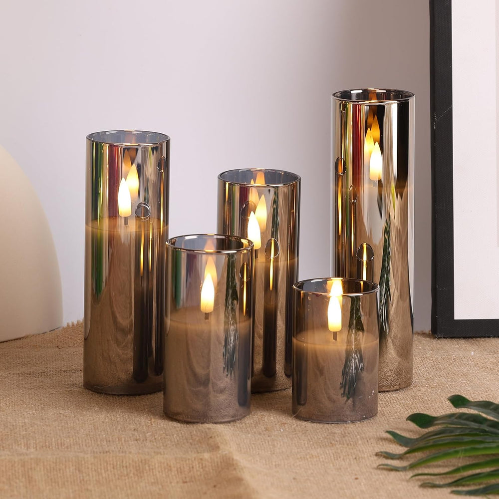 Eywamage Grey Glass Flameless Pillar Candles with Remote Batteries Set of 5