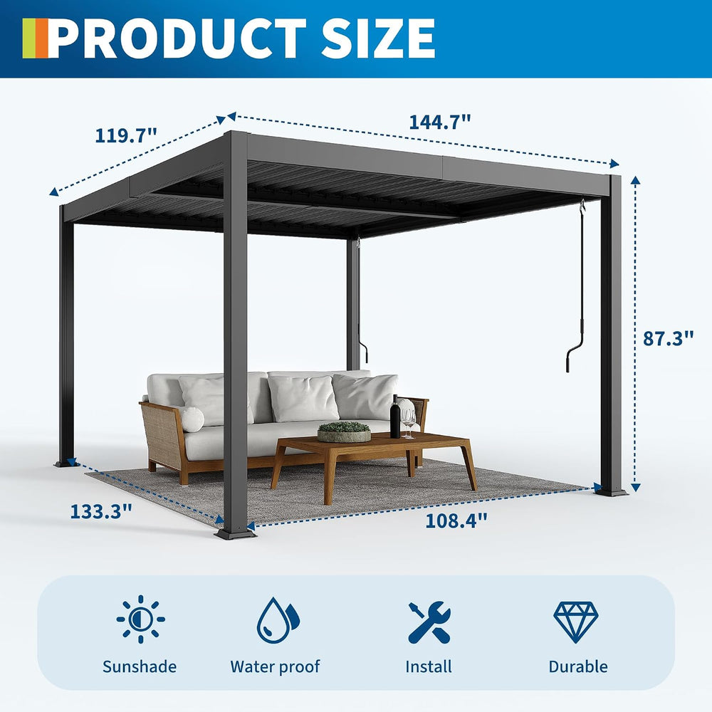 10x12 FT Louvered Pergola, Outdoor Pergola With Adjustable Louvered Roof, Lar...