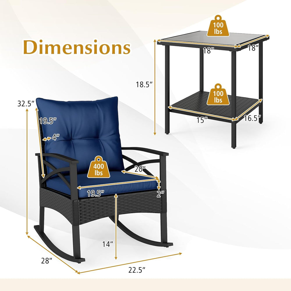 HAPPYGRILL 3 Piece Rocking Bistro Set PE Rattan Rocker Chairs with Table and ...