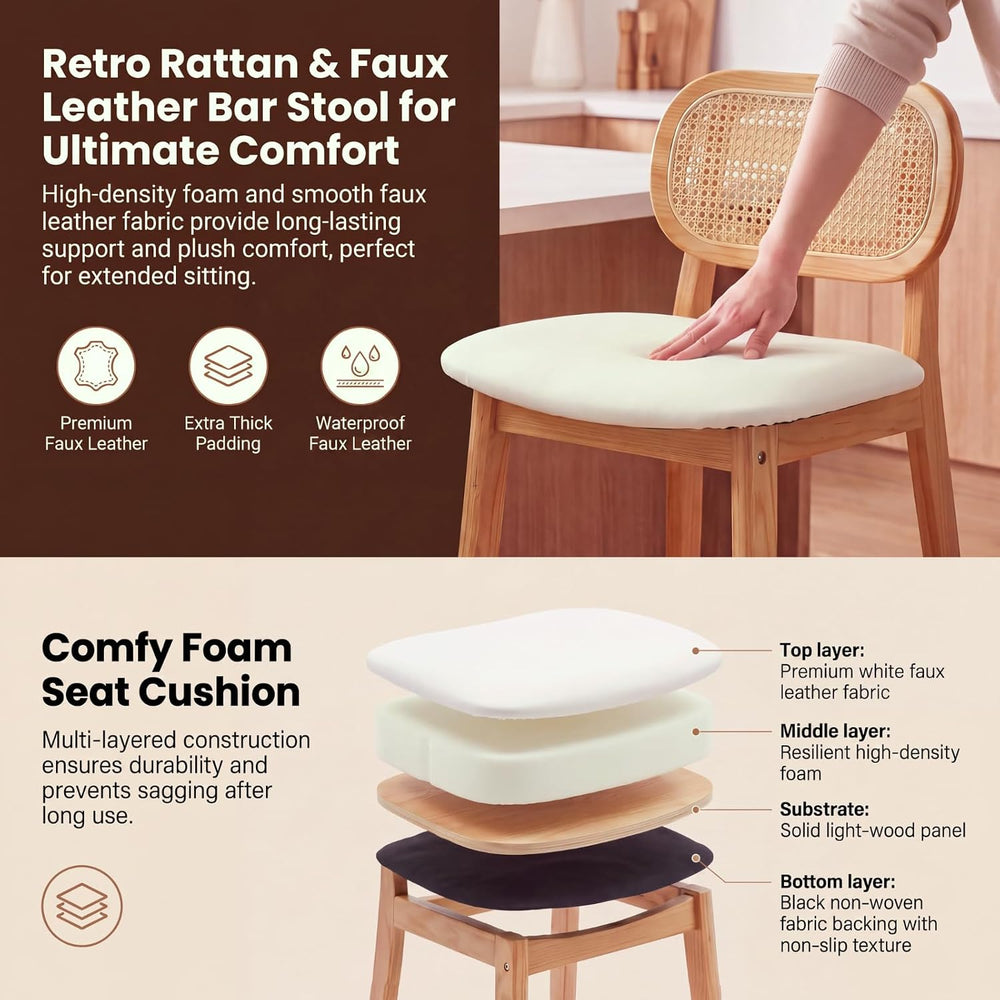 EALSON Rattan Counter Height Bar Stools Set of 3 Modern Farmhouse Barstools w...