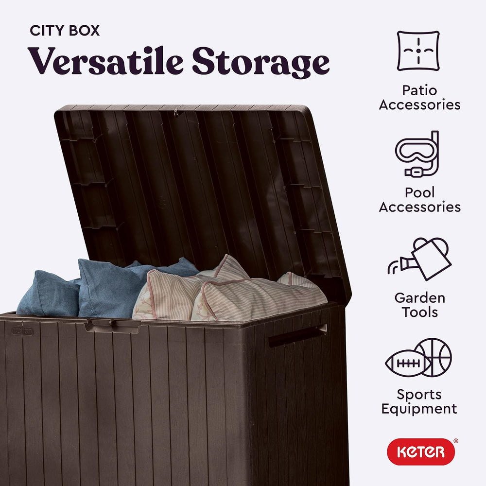 Keter City 30 Gallon Resin Outdoor Storage Box and Patio Furniture Side Table...