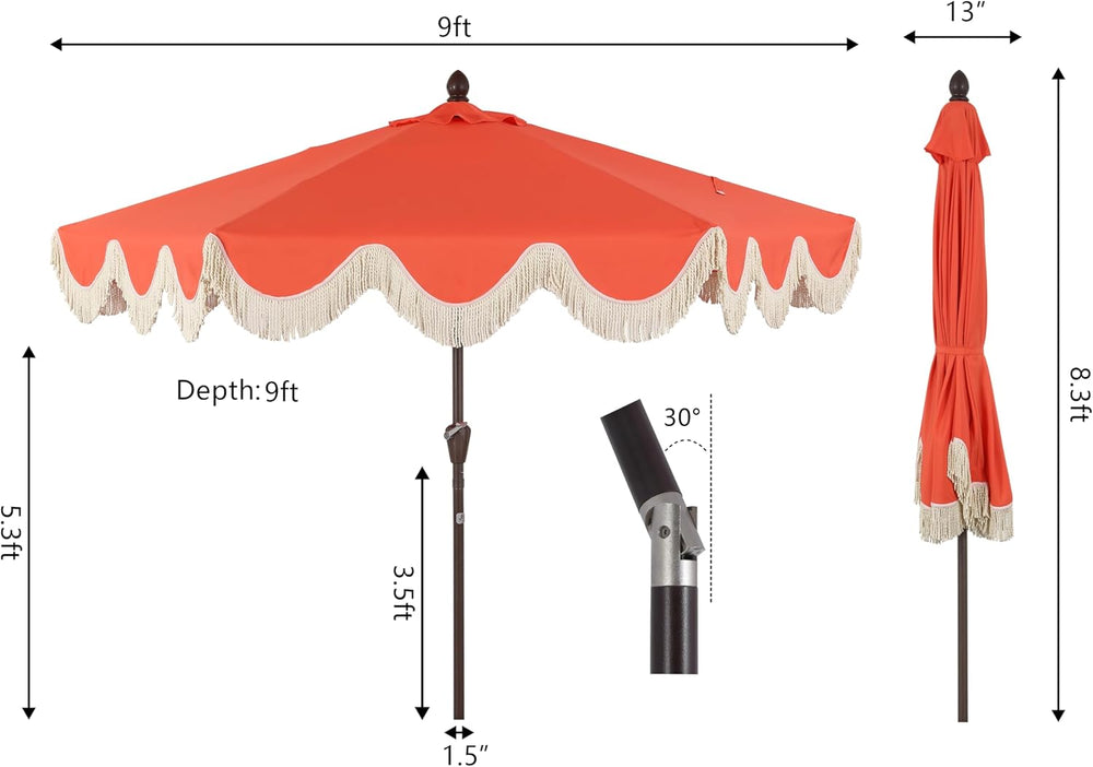 JONATHAN Y UMB1001 Collins 9 ft. Classic Cottage Tassel Market Patio Umbrella...