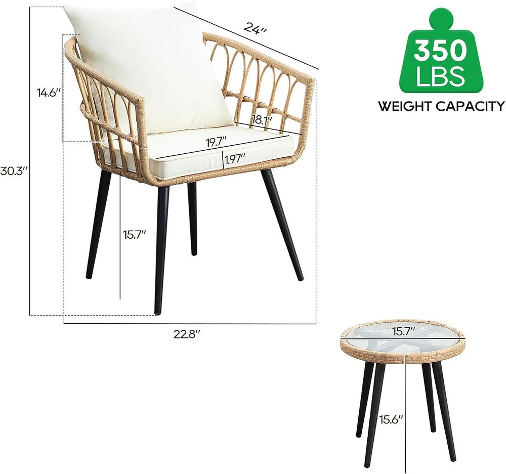 PORWEY 3 Piece Patio Bistro Set, Outdoor Wicker Balcony Furniture Sets