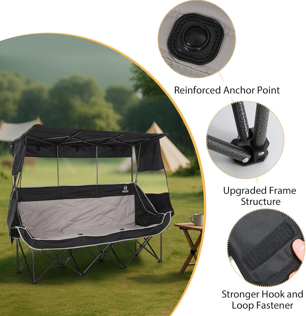 Nice C 3 Person Double Camping Chair with Canopy (Black & Grey)