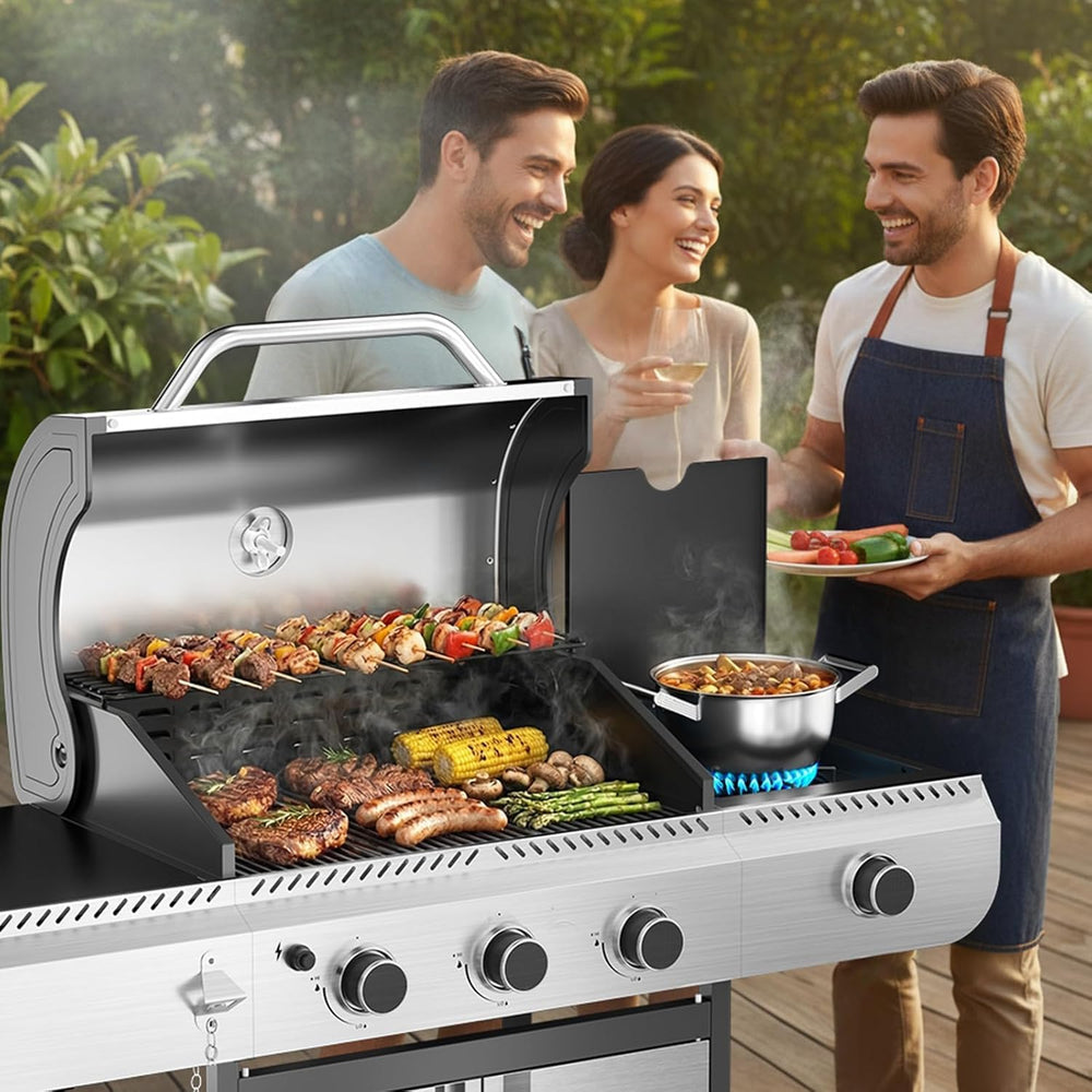 3-Burner Propane Gas Grill with Side Burner, 34,000 BTU Stainless Steel BBQ G...