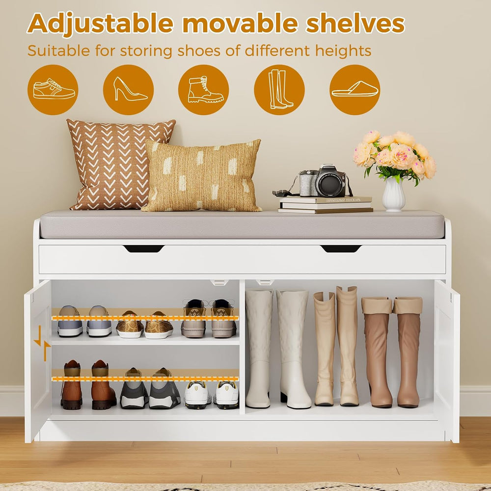 2-Tier Storage Bench, 39.4" Wide Shoe Bench with Lift-Up Top, Shoe Stora...