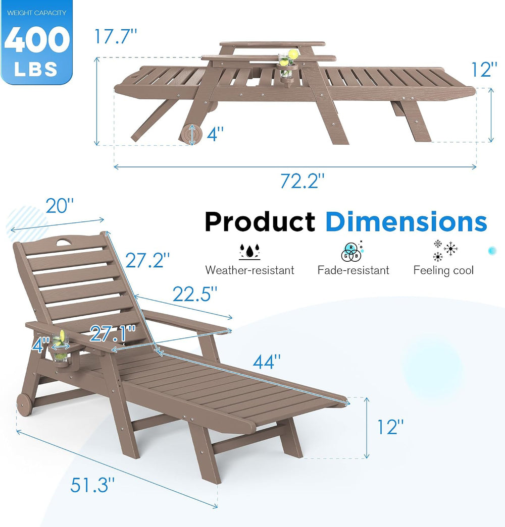 nalone HDPE Chaise Lounge Chair Outdoor with Wheels & Cup Holder, Pool Lo...