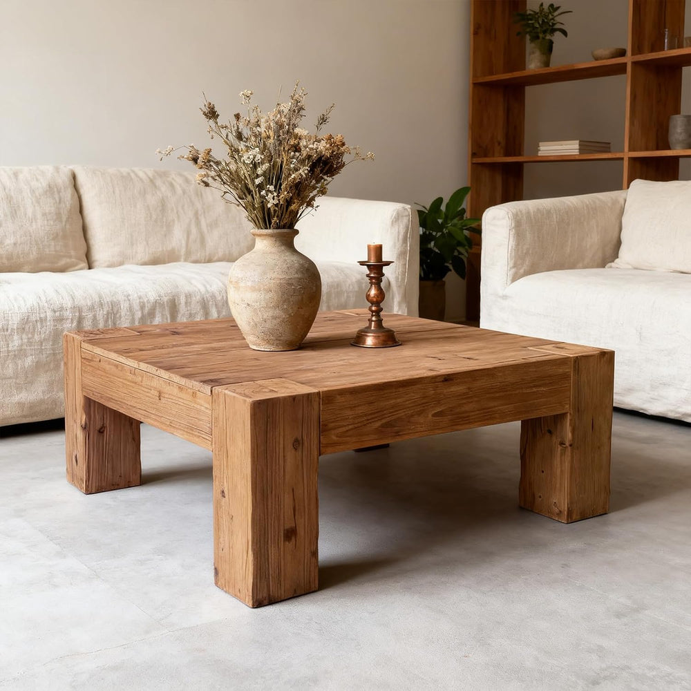 Rustic Wooden Coffee Table for Living Room, Big Square Coffee Table