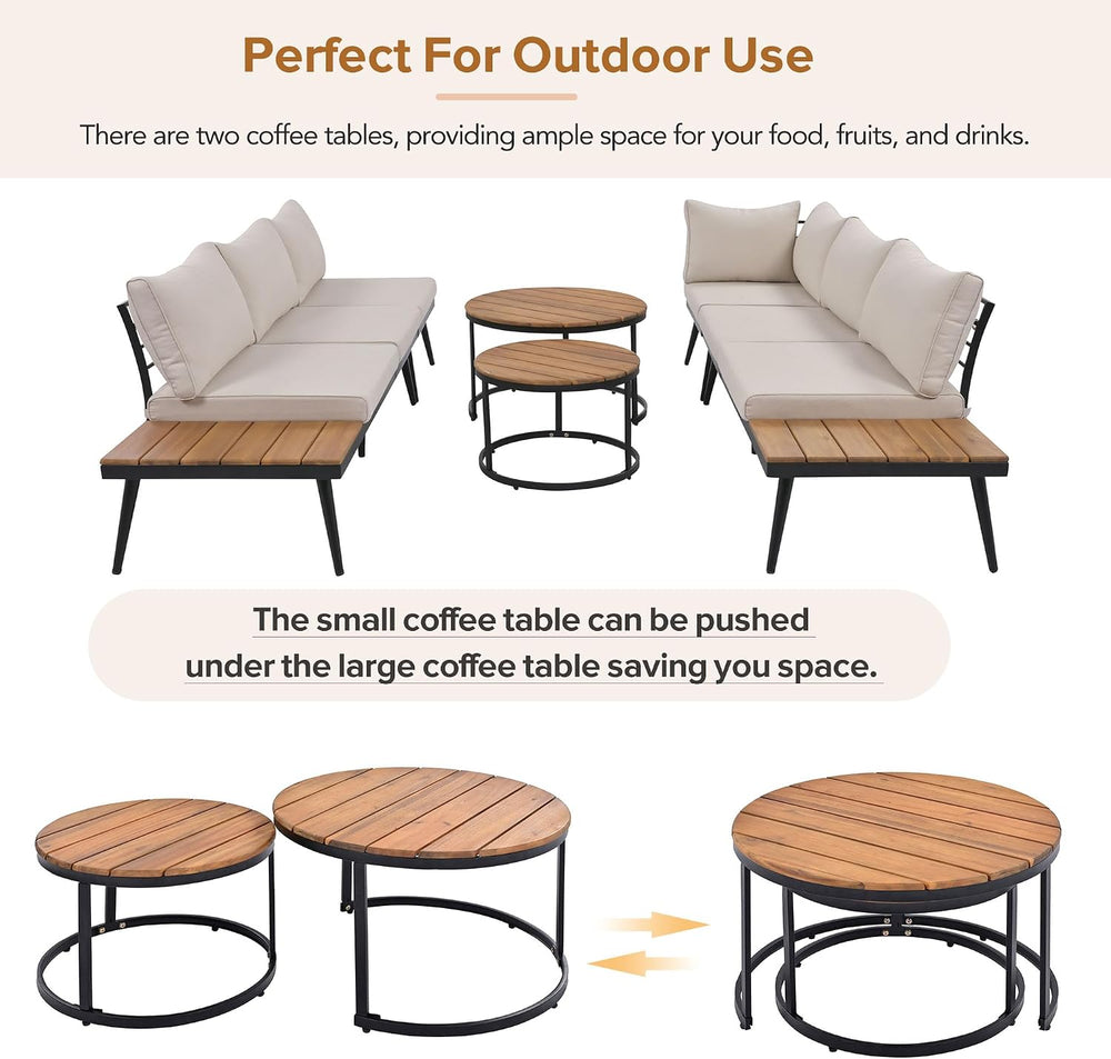Modern Outdoor Sectional Sofa Set with Round Nesting Coffee Tables and Cushio...
