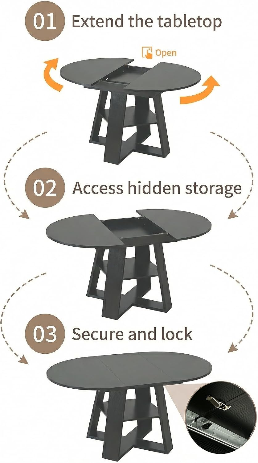 Round Extendable Dining Table Set for 6, 43"-59" Black Expandable K...