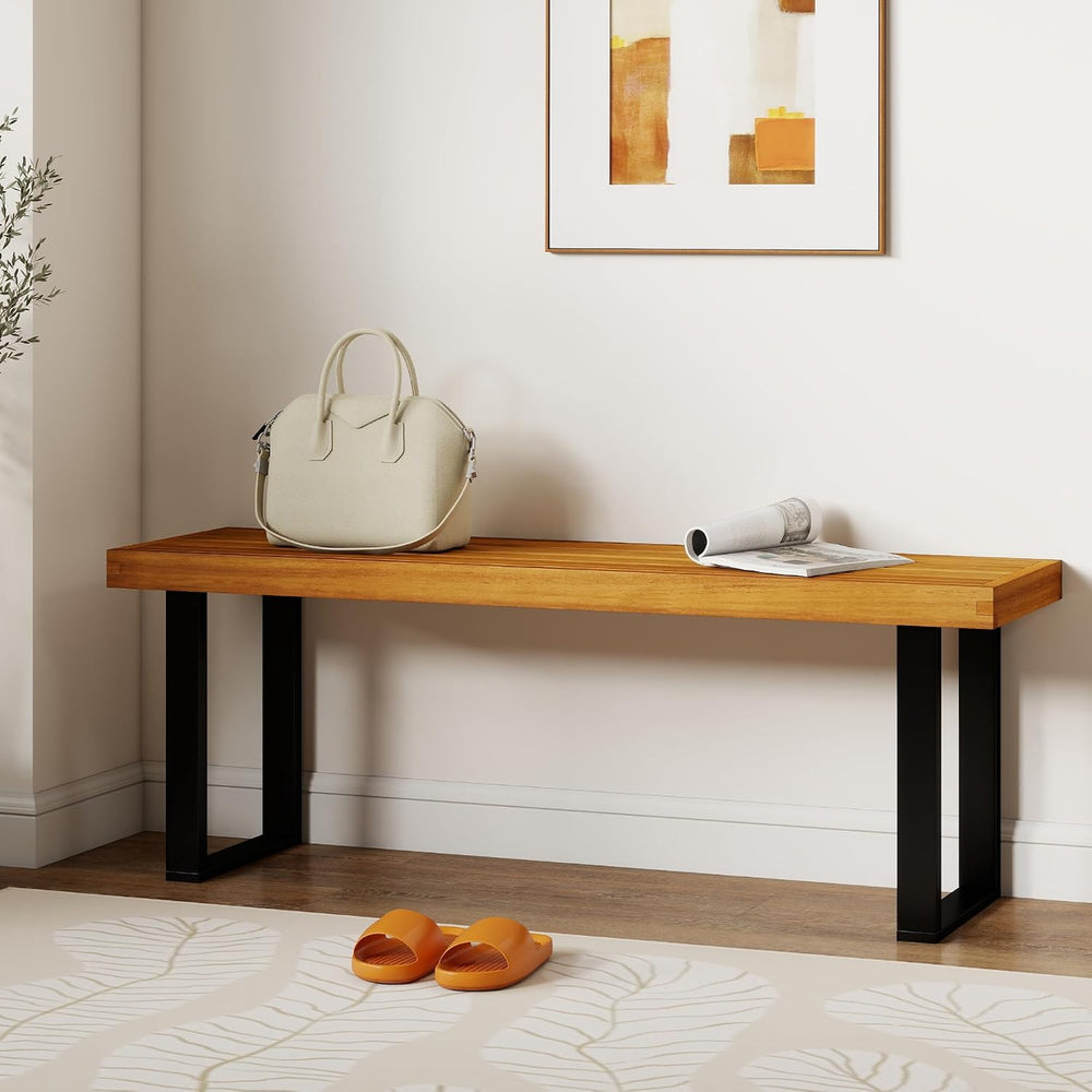 Tangkula Acacia Wood Outdoor Bench, 48" Long Patio Dining Bench w/Metal ...