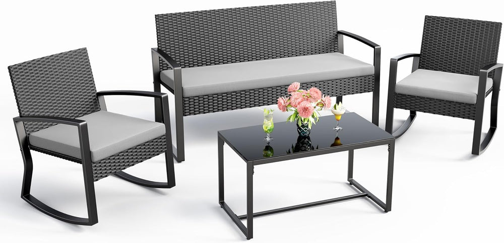 Ahomly 4 Piece Outdoor Patio Furniture Set, Wicker Patio Furniture with Glass...